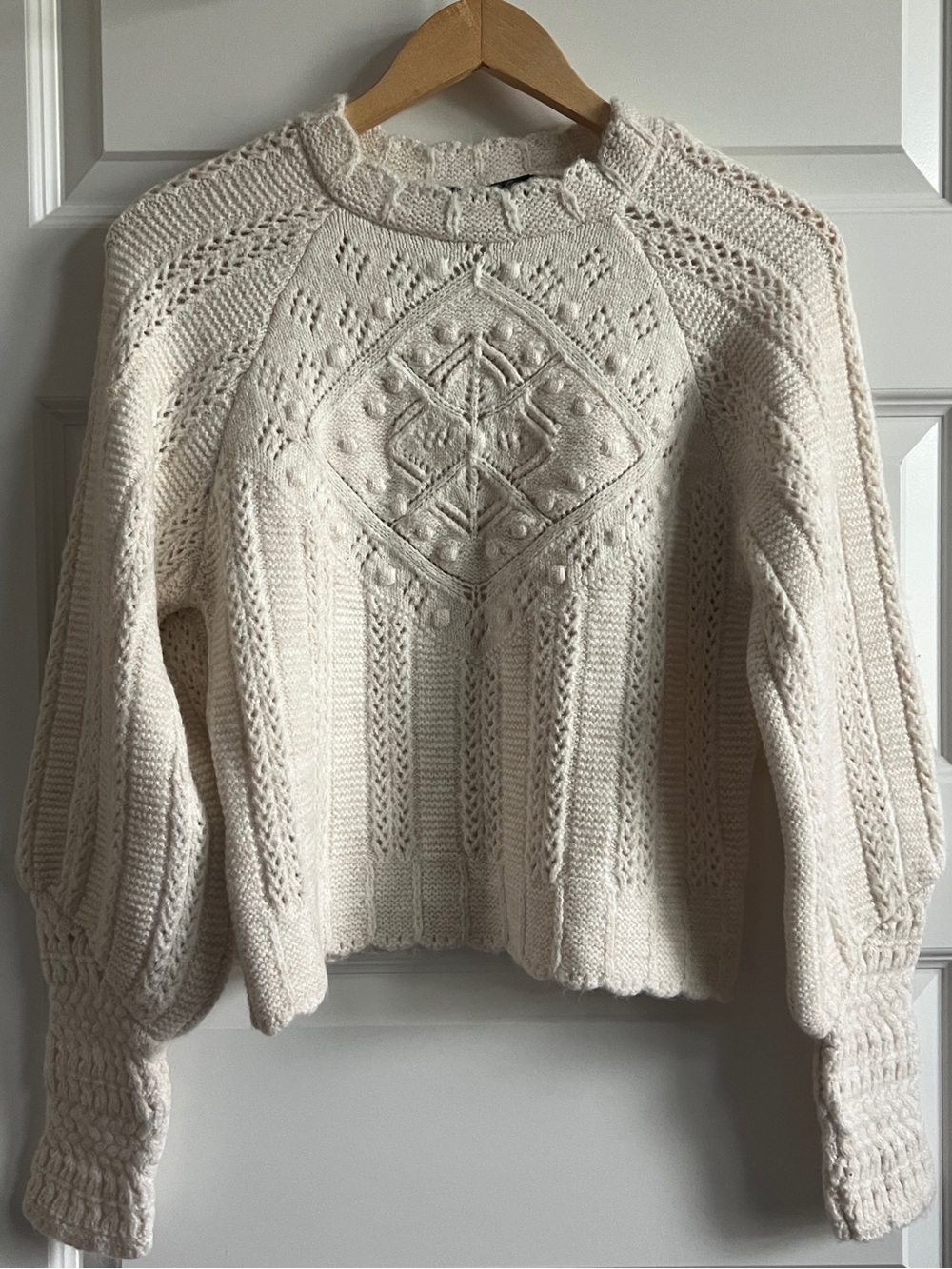 MANGO MNG Cable Pointelle Raglan Bishop Lantern Sleeve Sweater XS NWT Boho Chic